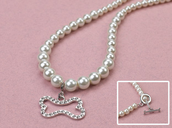 White Pearls with Rhinestone Dog Bone Charm